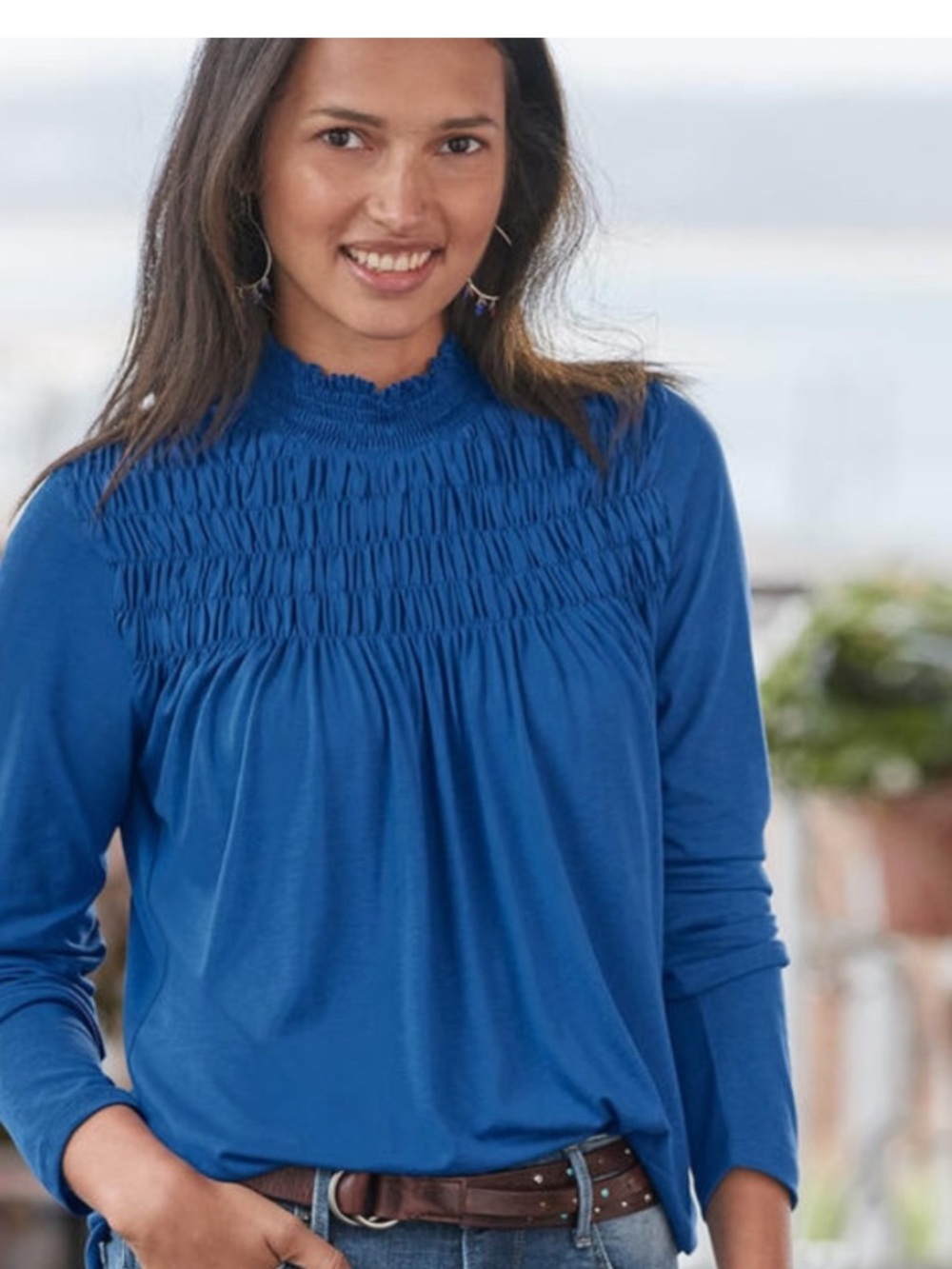 Sundance Gabrielle Dreamer Smocked Mock Neck long sleeve blouse Royal Blue XL